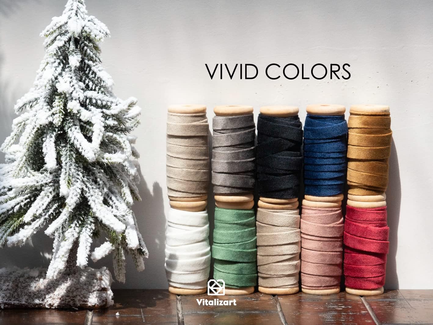 Vitalizart Ivory Velvet Ribbon Set 3/8" x 15 Yd Wooden Spool Fabric Trim 3 Rolls * 5 Yd for Christmas Wreath Decoration Handmade Craft Ornaments Gift Wrapping & Bow Making