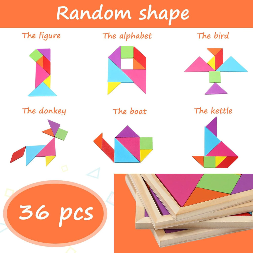 Shappy 36 Pieces Wooden Tangram Puzzles for Kids Educational Shape Puzzle Toys Geometric Pattern Brain Logic Puzzle Blocks for Students Educational Activities Back to School Gifts(Classic Style)