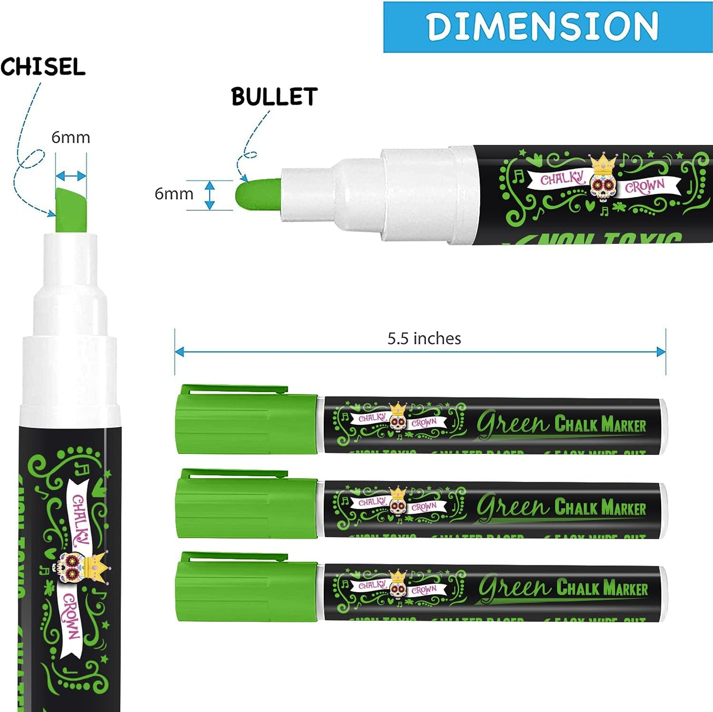 CHALKY CROWN Liquid Chalk Marker Pen - Dry Erase Marker - Chalk Markers for Chalkboard Signs, Windows, Blackboard, Glass - 6mm Reversible Tip (Green, 5 Pack)