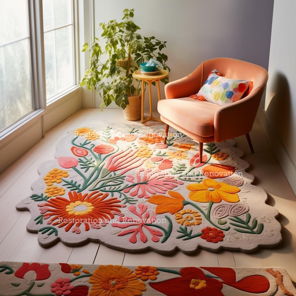 Handmade Wool Floral Area Rug for Living Room | Elegant Flower Garden Design, Soft, Thick and Durable | Bedroom, Dining Room & Home Decor Carpet (7' x 9', Floral C)