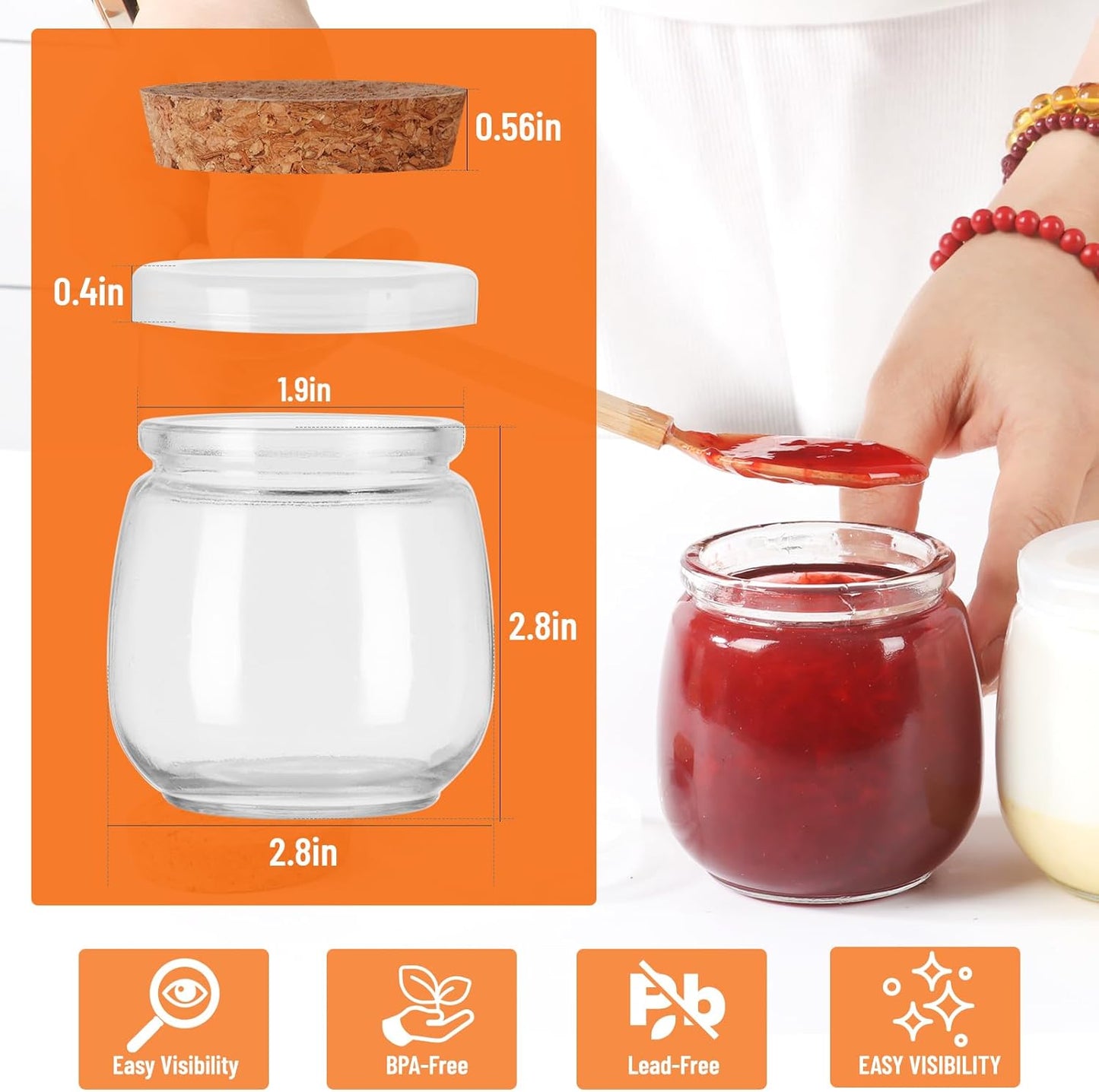 7oz Glass Jars with Cork & PE Lids 40Pack, Small Glass Pudding Jar for Wedding Favors, Milk, Jams and DIY Gift, Yogurt Jars with Tags and Twine Included