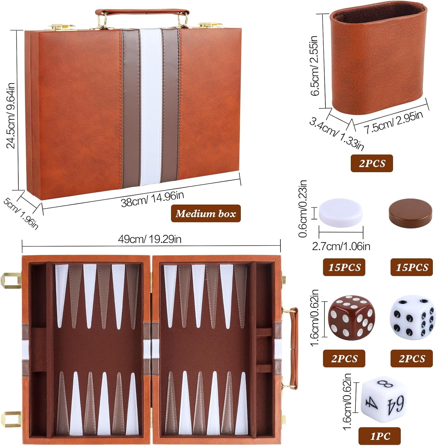 Backgammon Set 2 Players Classic Backgammon Sets for Adults Board Game with PU Leather Case Portable and Travel Backgammon Set (Brown, 15inch)