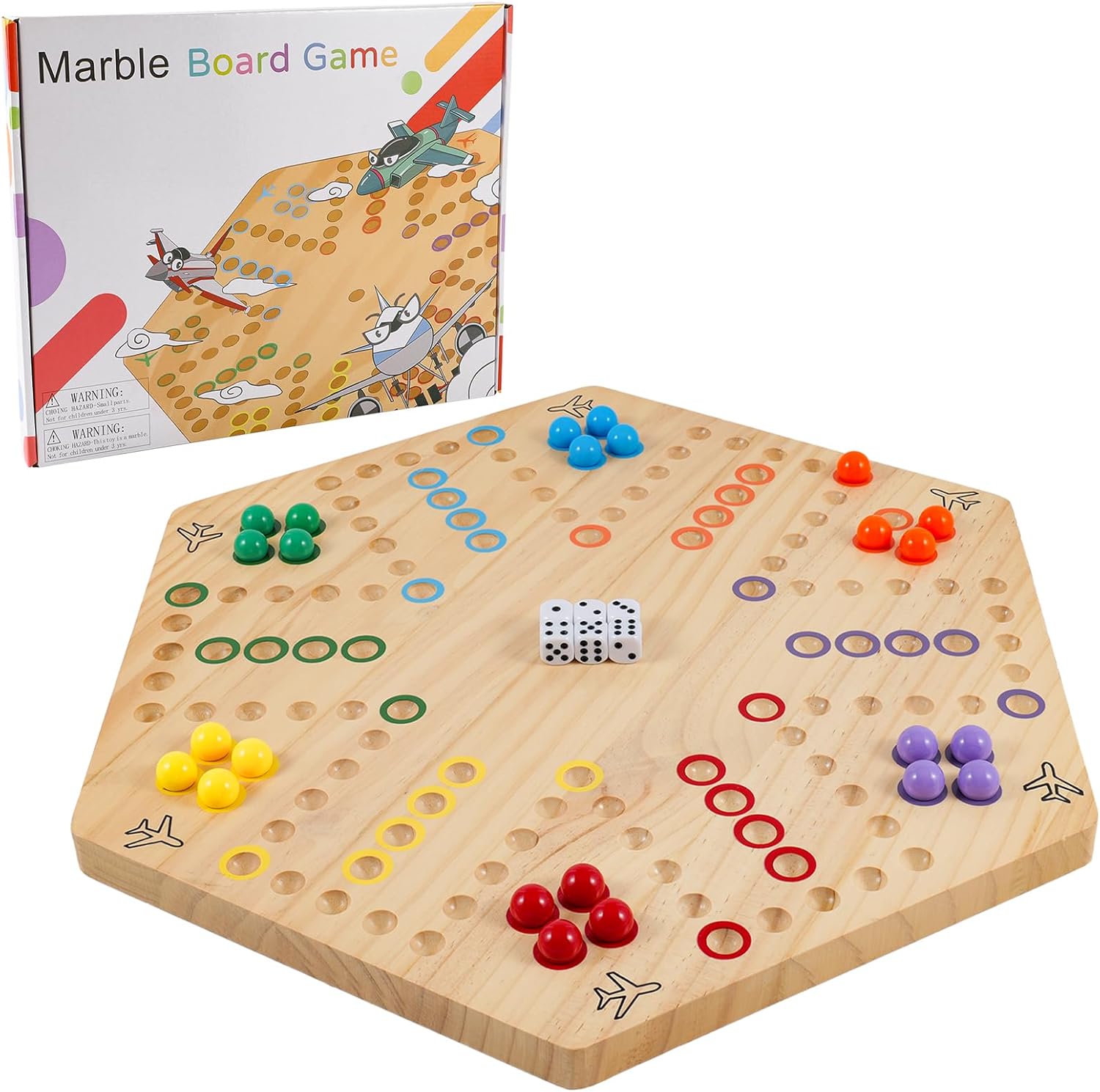 Large Size 20 inches Wood Wahoo Marble Board Game 2 Sided 4-6 Player for Friends and Family Party,Classic Stragecy Trouble Game with 6 Dices,24 Marbles