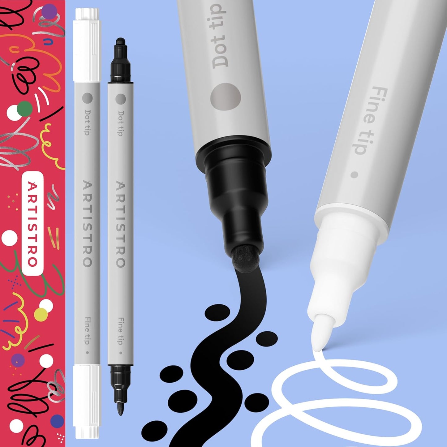 ARTISTRO 2 Black&White Dual-Tip Acrylic Paint Pens - Multisurface Markers for Glass, Rock, Fabric, Wood, Plastic & More - 5mm Dot + 1mm Fine Tips