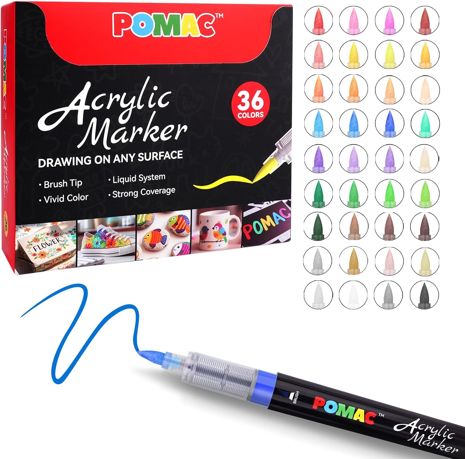 POMAC 36 Colors Acrylic Paint Markers, Water-Based Acrylic Pens Brush Tip, Art Drawing Liquid Paint Pens for Fabric, Canvas, Rock, Glass, Wood, Paper, DIY Crafts and Art Supplies
