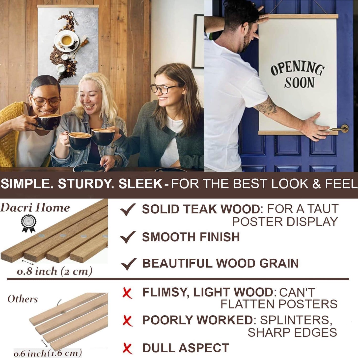 DACRI HOME 34 Inch Magnetic Poster Hanger Frame -Sturdy Teak Wood Poster Frame, Strong Magnets for Quick Hanging Maps, Posters, Picture, Print, Scroll Wall Art 34x22 34x23 34x24 (34", Natural Wood)