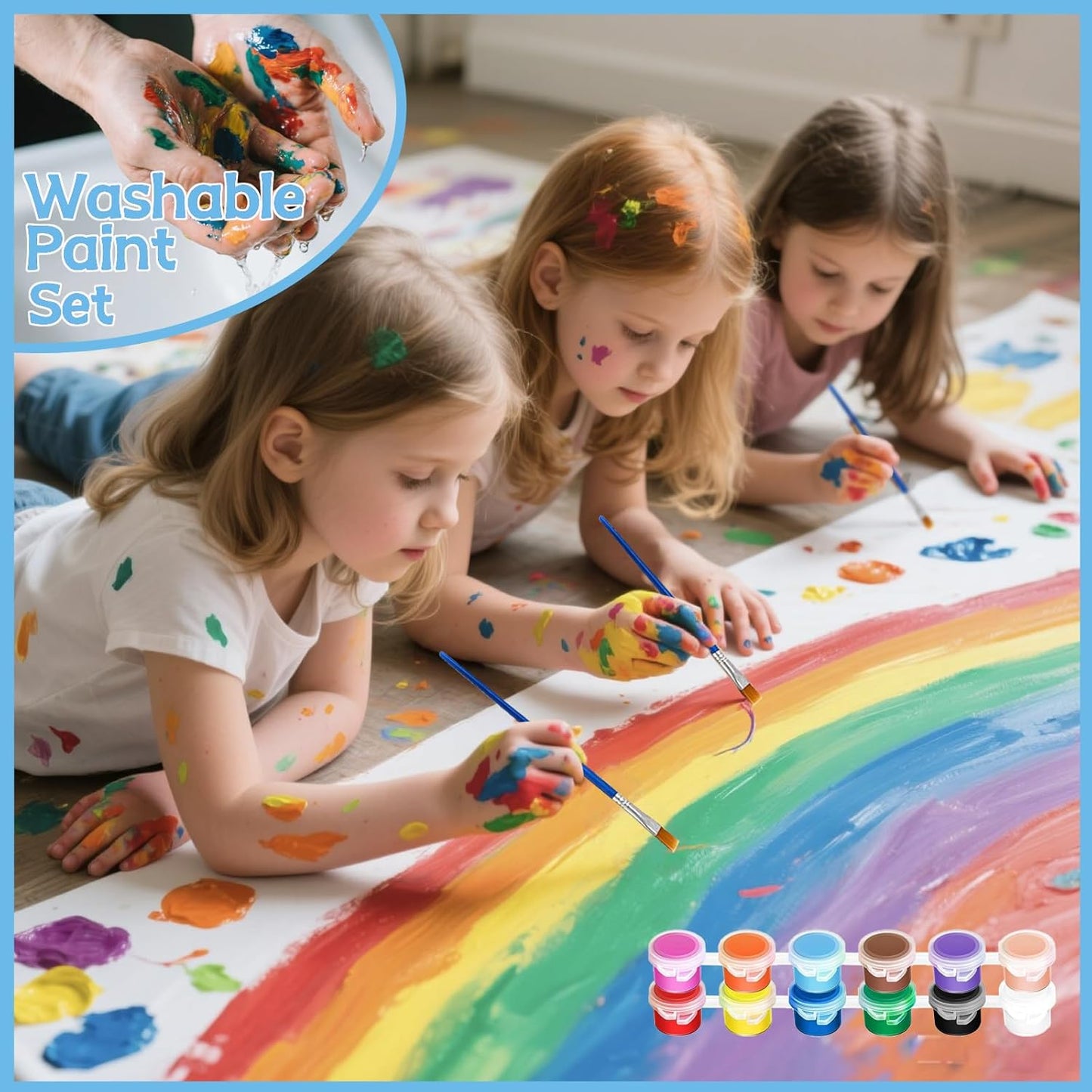 OLINGYOU 50 Pack Mini Acrylic Paint Set, 12 Colors Washable Paint Strips for Kids & Adults - Includes 100 Brushes, 600 PCS Kids Paint Kits for Easter Eggs, Birthday, Classroom Party，School Supplies