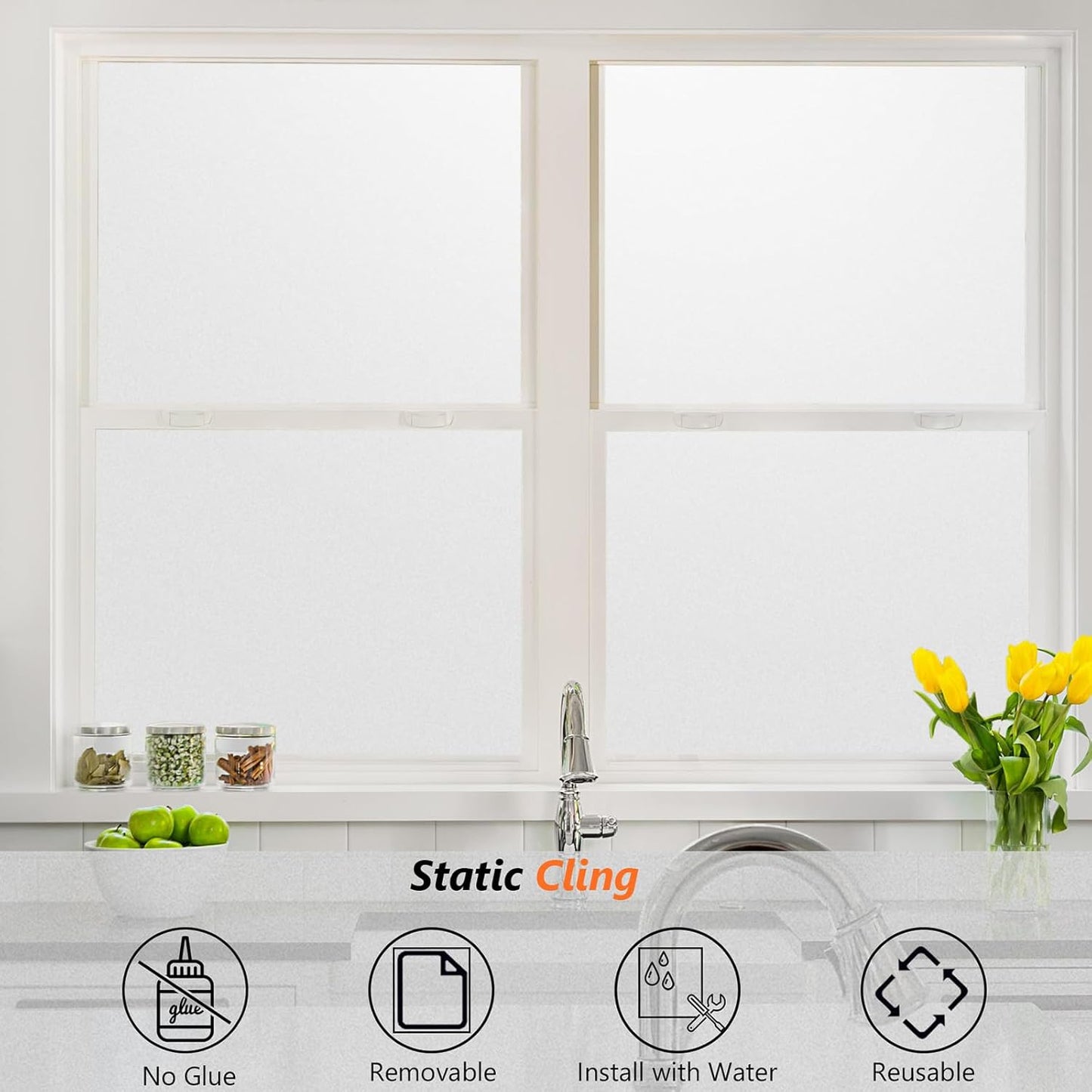 Kromapolis Window Privacy Film Frosted Glass Window Film, Heat Blocking Privacy Film for Glass Windows, Static Cling Non-Adhesive Frosting Window Stickers for Door Home (Frosted, 45.2 x 78.7 inch)