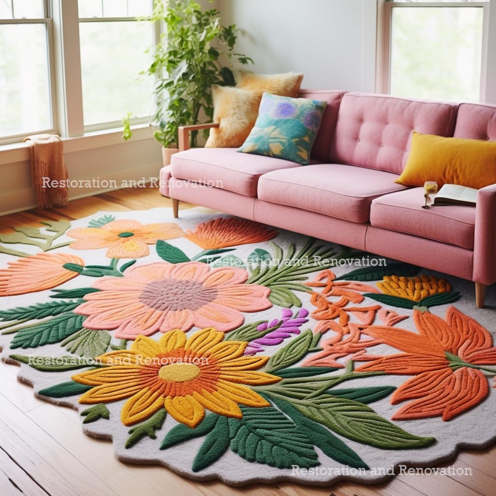 Handmade Wool Floral Area Rug for Living Room | Elegant Flower Garden Design, Soft, Thick and Durable | Bedroom, Dining Room & Home Decor Carpet (5' x 8', Floral G)