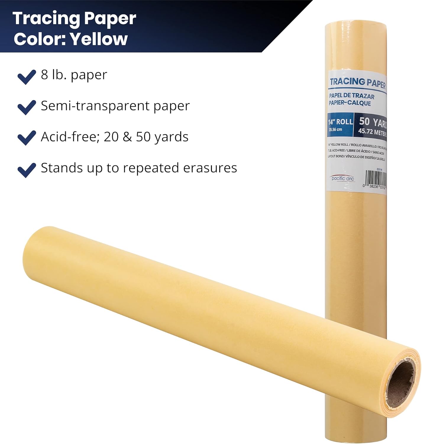 Pacific Arc Tracing Paper Roll, Yellow, 14 Inch x 50 Yard Roll
