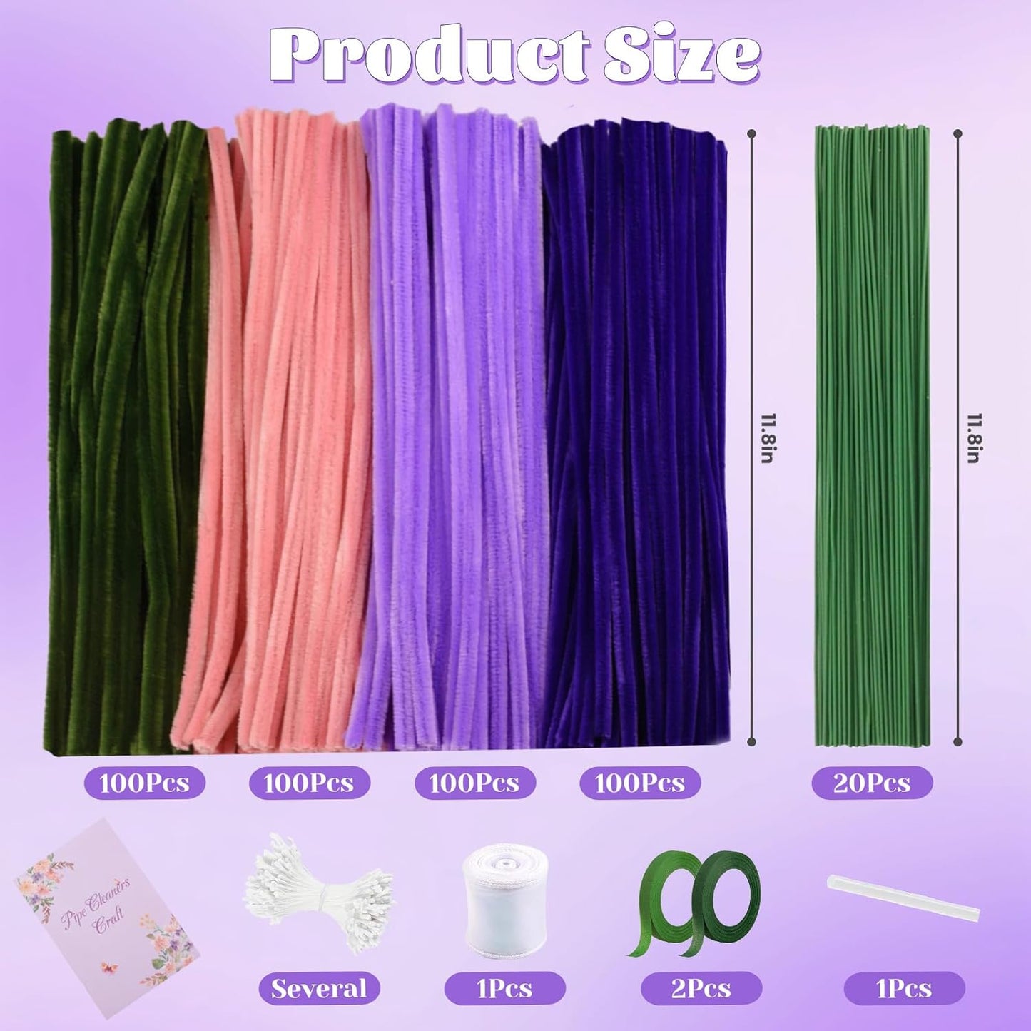 LansinLife 400 Pcs Pipe Cleaners Craft Set, 4 Assorted Pipe Cleaners Bulk, Chenille Stems for DIY Flower Making Kit with Floral Stems, Gardening Tape, Stamen, Ribbon for DIY Bouquet Gift (Purple)