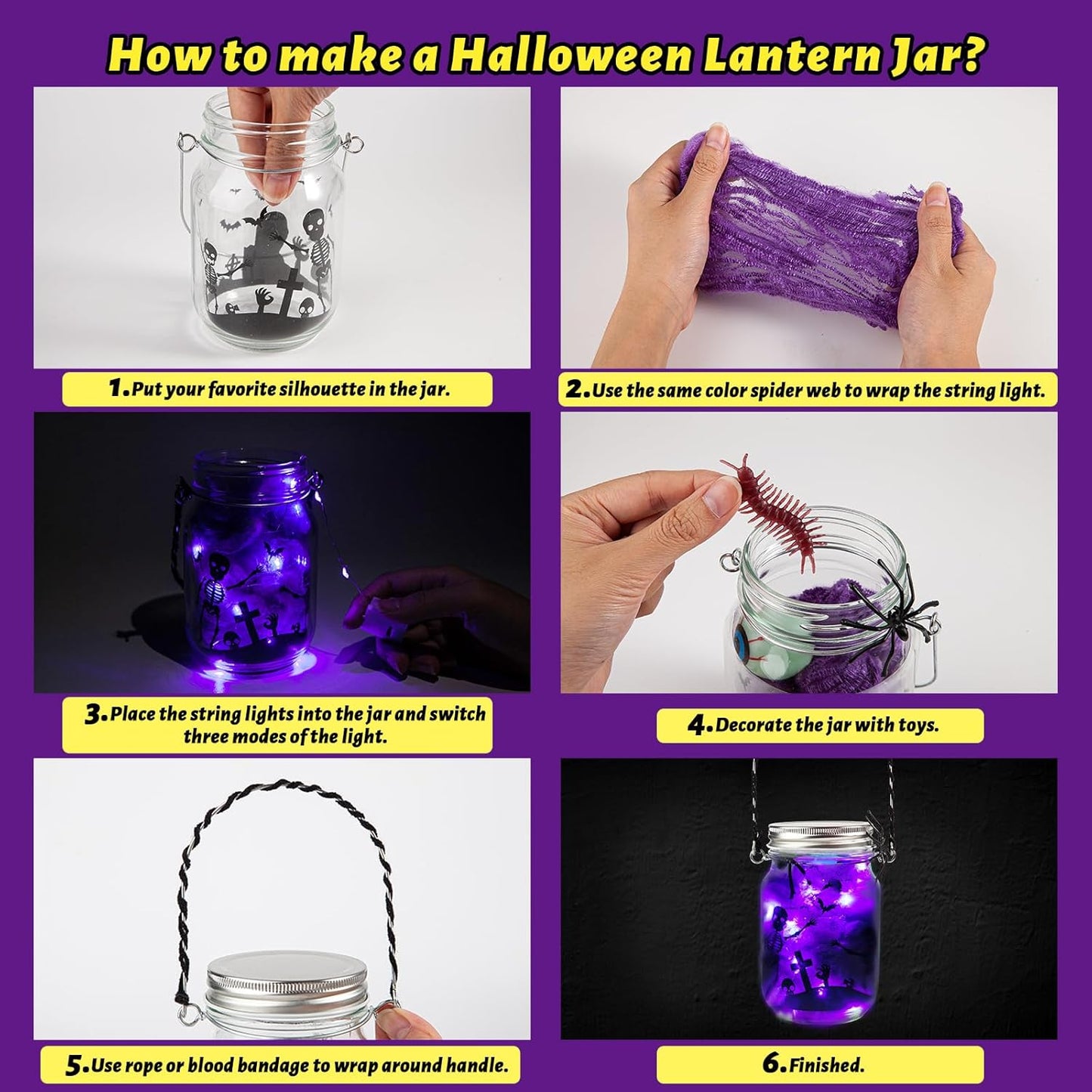 SpringFlower 8 Pack Halloween DIY Arts and Crafts Kits for Kids Ages 6-8, 8-12, Halloween Mason Jar with Accessories for DIY Lantern Jar, Art & Craft Party Supplies for Classroom Kids