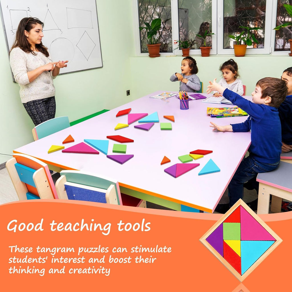 Shappy 36 Pieces Wooden Tangram Puzzles for Kids Educational Shape Puzzle Toys Geometric Pattern Brain Logic Puzzle Blocks for Students Educational Activities Back to School Gifts(Classic Style)