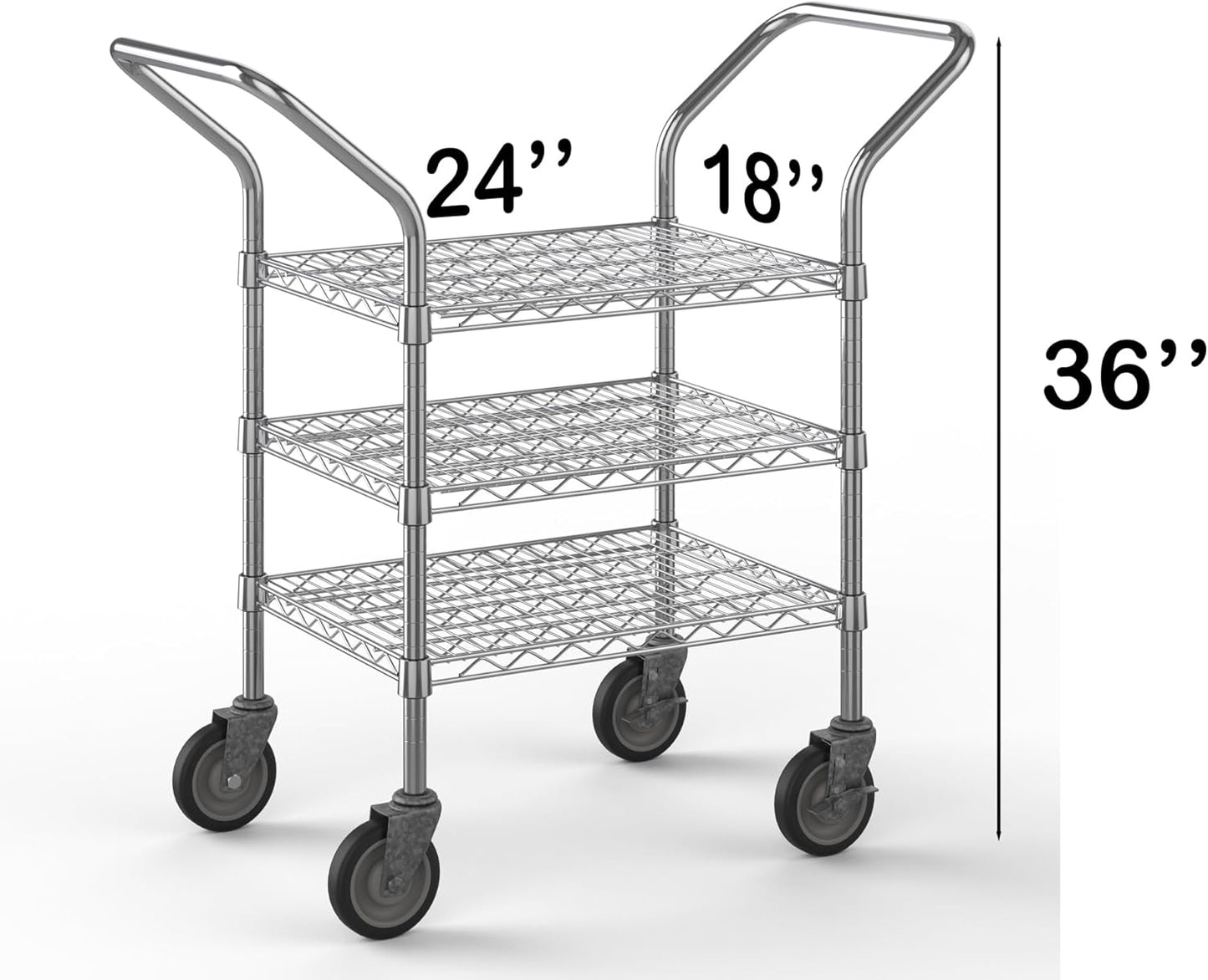18" W x 24" L x 36" H Chrome Heavy Duty Utility Cart | 3-Tier | NSF Commercial Storage Rack Mobile Unit | Storage and Mobility Solution for Your Business
