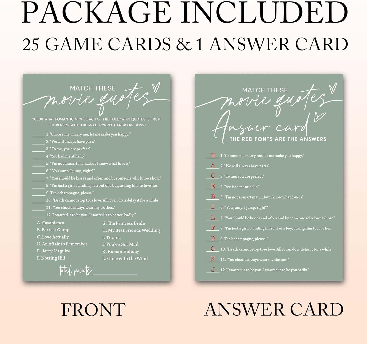 Bridal Shower Games Cards, Match These Movie Quotes, 25 Game Cards with 1 Answer Card, Engagement Party Wedding Games for Guests, Minimalist Green Wedding Party Supplies - C09
