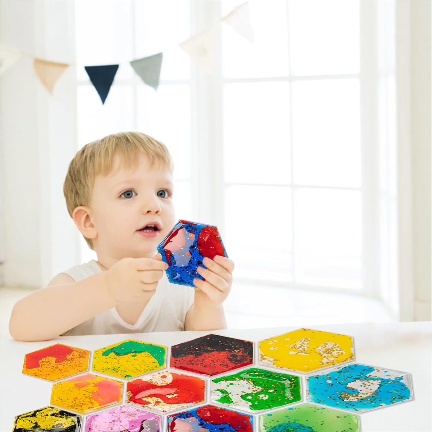 Art3d Hexagon Sensory Fidget Liquid Motion Tiles for Kids, Toddler, Teens - Interactive Soft Gel Liquid Play Mats for Home, Schools, Playrooms, Multi-Pack of 6 Tiles