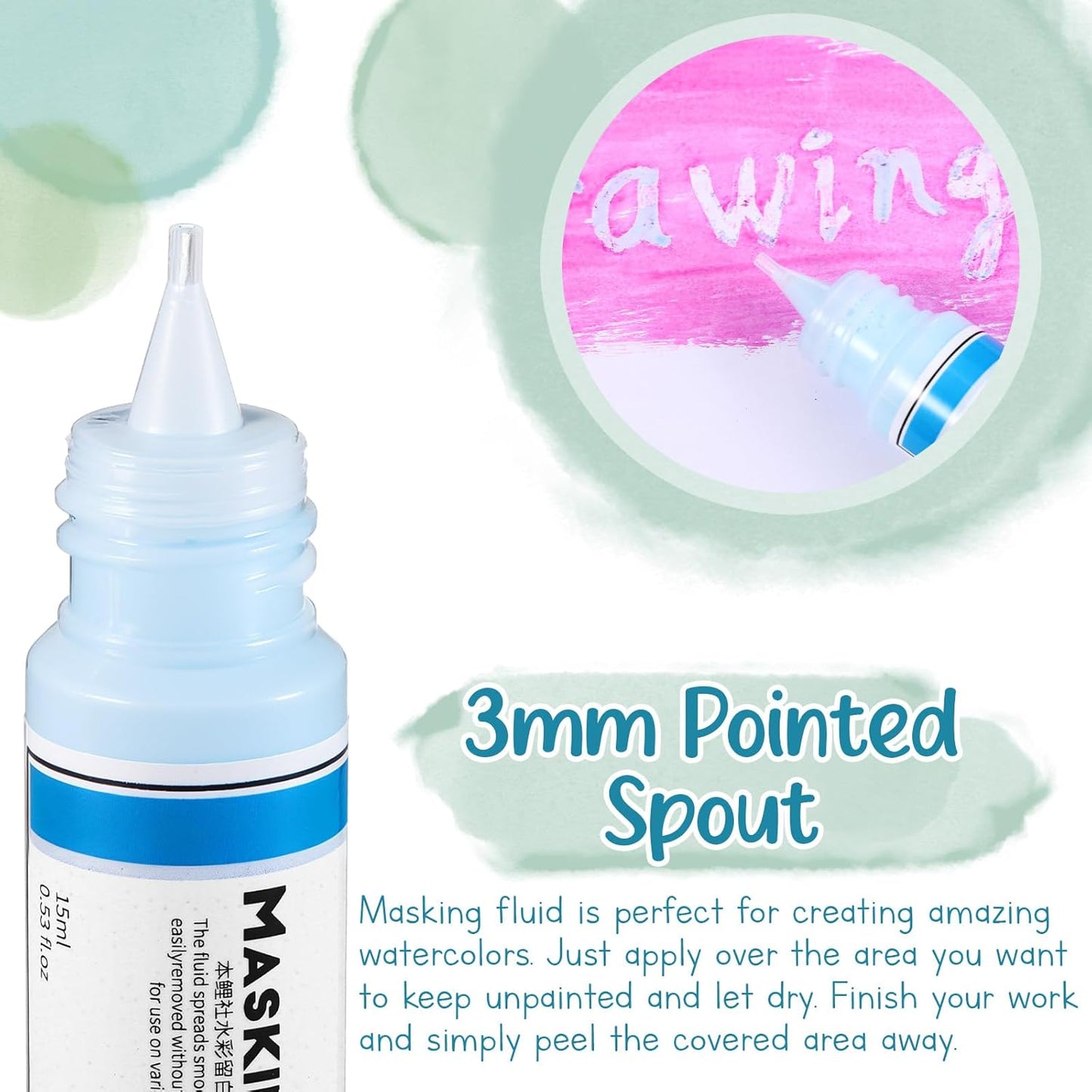 2 Pcs Masking Fluid for Watercolor Painting, 15ml Capacity Bottle with 3mm Applicator Nozzle, Masking Fluid Pen for Various Art Projects Watercolor Ink(Blue)