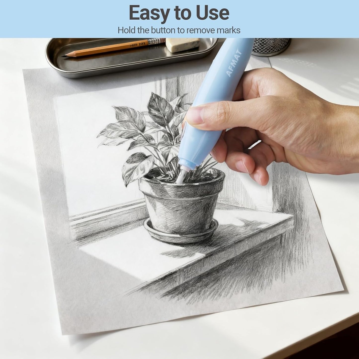 AFMAT EE04BL Electric Eraser, with 140 Refills, Rechargeable Pencil Eraser for Artist, Electric Erasers for Drafting, Drawing, Painting, Sketching, Architectural Plans, Detailer Tool-Light Blue