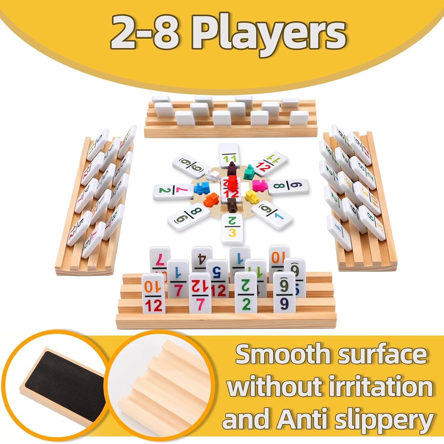 Mexican Train Dominoes Set with Numbers and 8 Wooden Holders, Double 12 Dominos Set for Kids, Adults Travel Domino Train with 91 Tiles and Upgrated Hub, Classic Board Games for Family Night