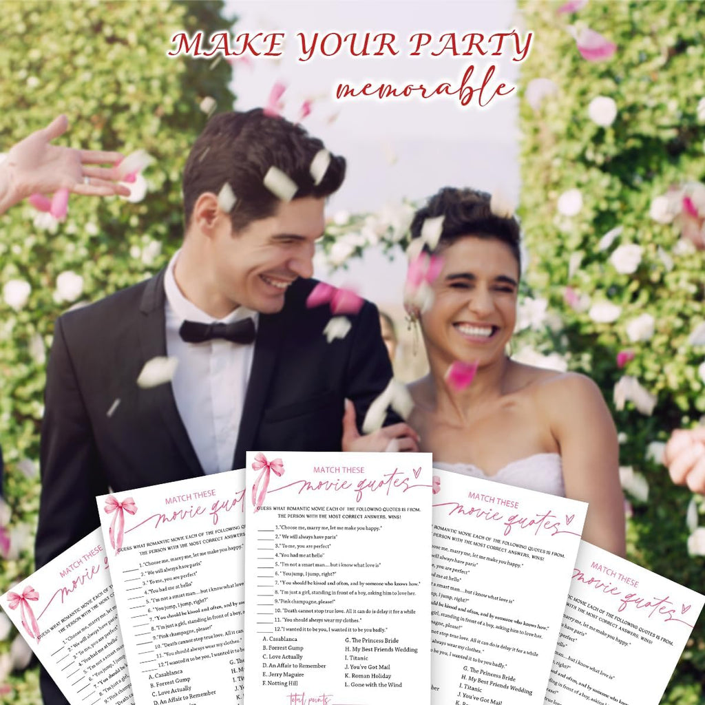 Bridal Shower Games Cards, Match These Movie Quotes, 25 Cards with 1 Answer Card, Engagement Party Games for Guests, Pink Ribbon Bow Wedding Party Supplies - E09