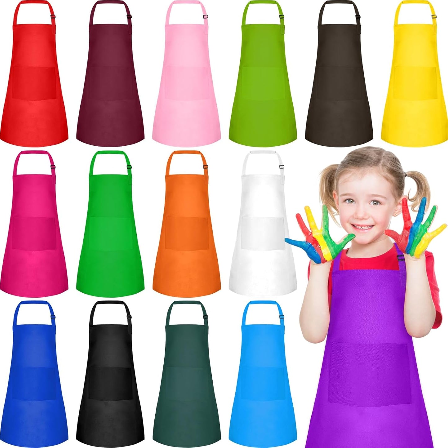 PLULON 18 Pcs Kids Apron Set Adjustable Children Art Aprons Bulk with 2 Pockets Artist Apron for Baking Painting Cooking Activity, Multicolor