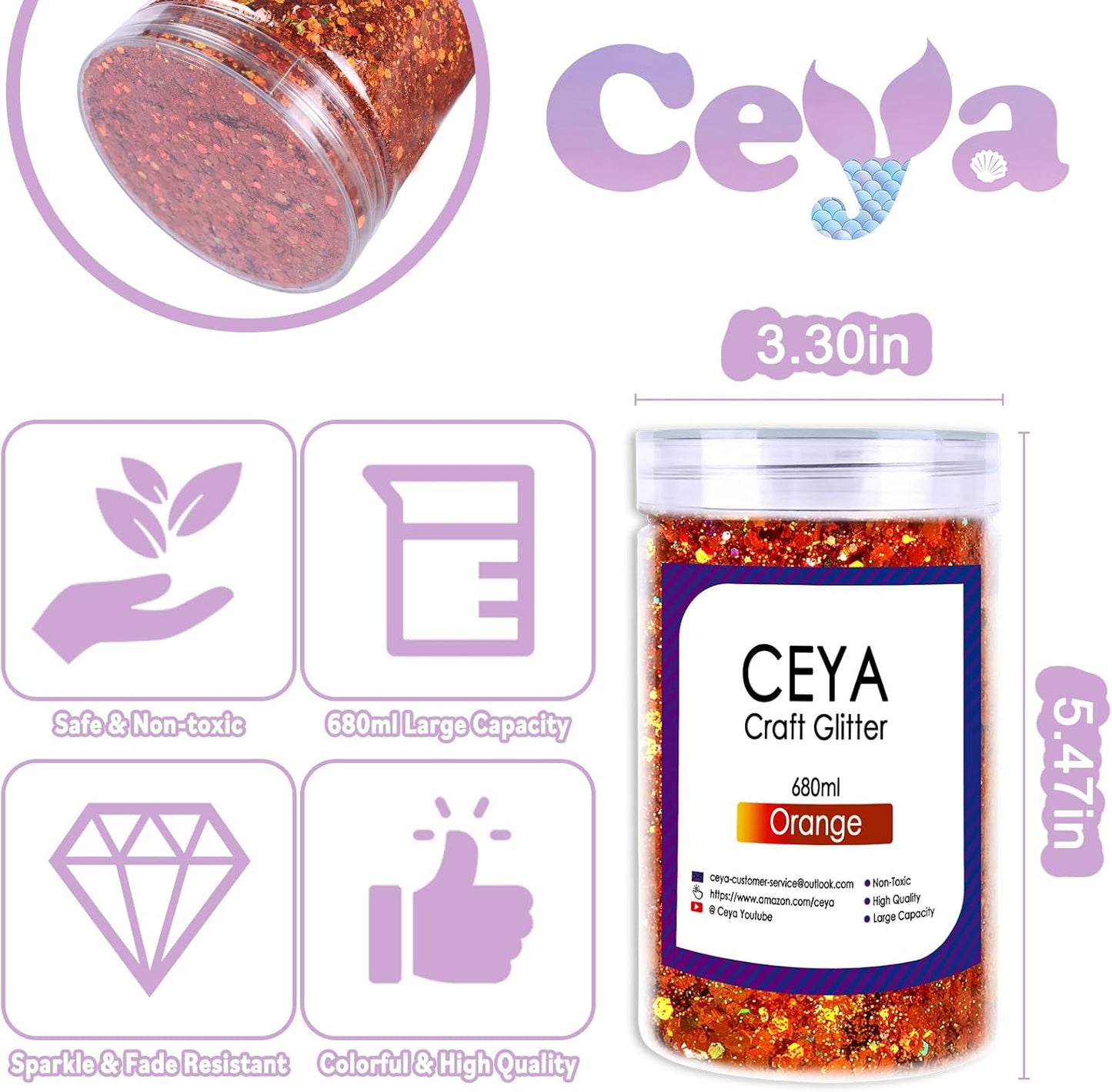 Ceya Holographic Chunky Glitter, 1 LB/ 16OZ Laser Orange Bulk Craft Glitter Mixed Chunky Fine Glitter Bottled Metallic Flake Nail Sequins for Resin, Tumblers, Scrapbooking, Festival Decor, Art Project