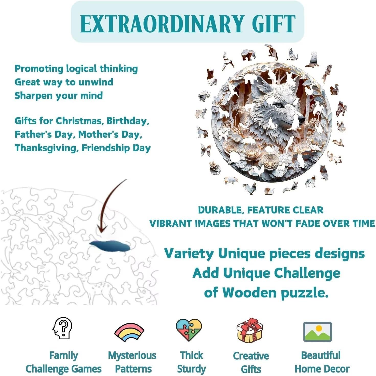 Wooden Puzzles Adults, 3D Wolf Wooden Puzzles 200 Pieces, Unique Animal Shaped Wood Challenging Jigsaw Puzzles Gifts for Adults, 11.4x11.4in