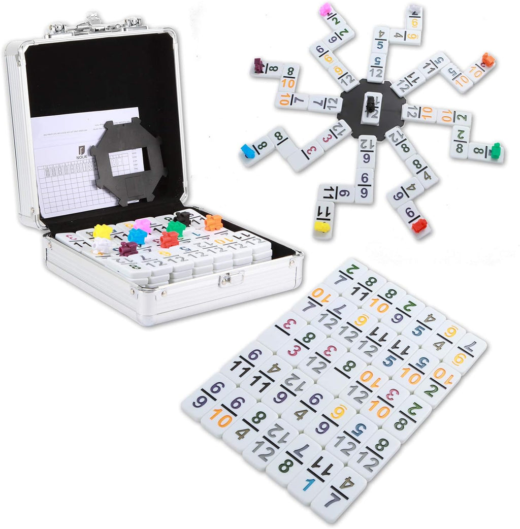 NOLIE Mexican Train Game, Double 12 Domino Set, Colored Number Dominoes with Aluminum Case