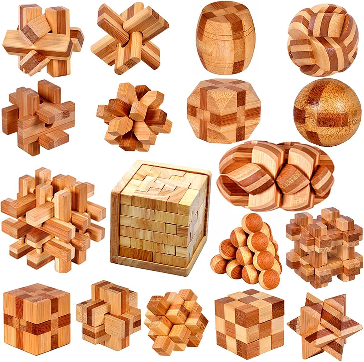 18 Pack Wooden Brain Teaser Puzzles Stress Relief Toys Wooden Burr Puzzles Brain Teaser Puzzle with Gift Packing Box Magic Puzzle Games Toy for Kids and Adults by AHYUAN (Bamboo)