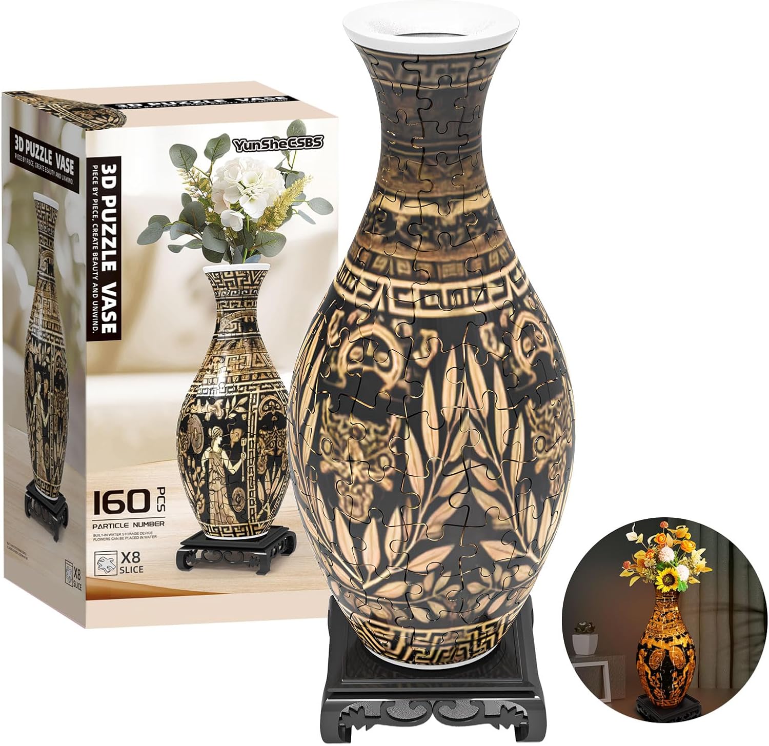 3D Puzzles Vase for Adults, 160 Pieces Plastic DIY Unique Flower Vase with LED Light, Crafts for Adults, Birthday Gifts House Warming Gift for Flower Arrangements and Home Decor (Brown)