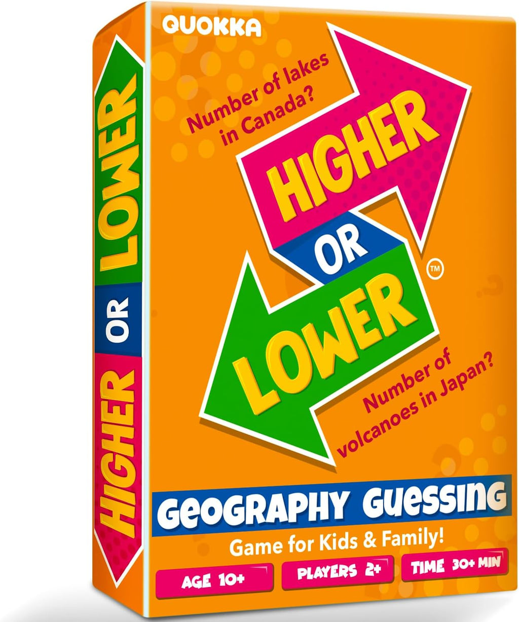 QUOKKA Trivia Board Games for Kids and Adults - Version V2.0 - Family Night Geography Games 4xSet Higher or Lower Trivia Cards | Guess Fun Questions | 2 + Players - Challenge Your Geography Knowledge