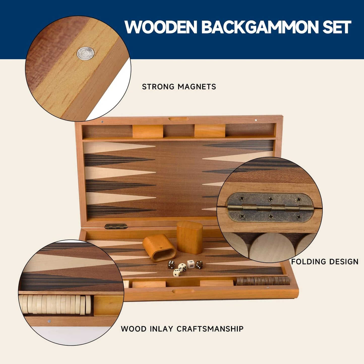 GSE Games & Sports Expert Premium Wooden Folding Inlay Backgammon Board Game Set, Classic Traditional Strategy Board Games (Focus- 21 Inches)