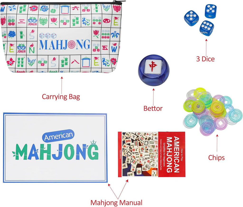 American Mahjong Tile Set with Carrying Bag and Accessories, 160 Acrylic Engraved Mahjong Tiles(Light Blue