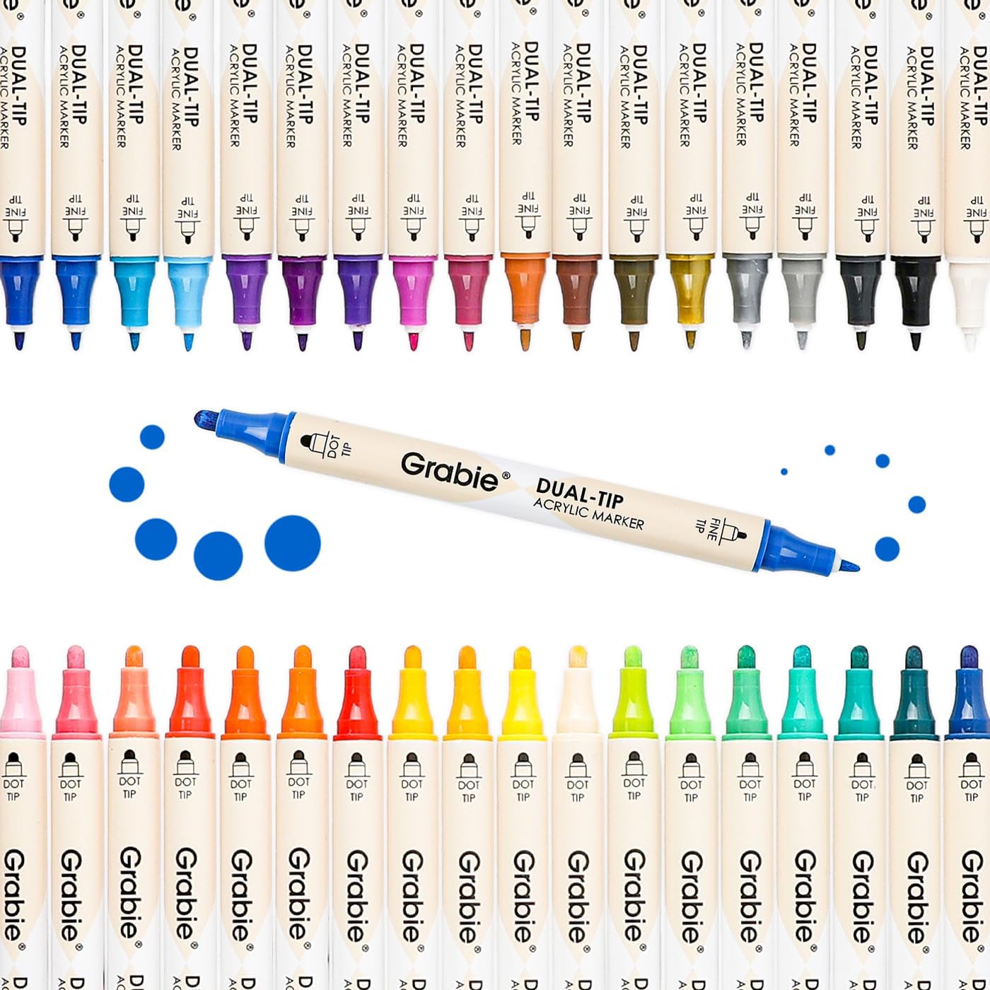 Grabie 36 Dual Tip Acrylic Paint Markers, Acrylic Paint Pens, Fabric Markers for Fabric, Canvas, Rock, Glass, Wood, Paper, DIY, Canvas DIY Art Supplies Kit, Set of 36