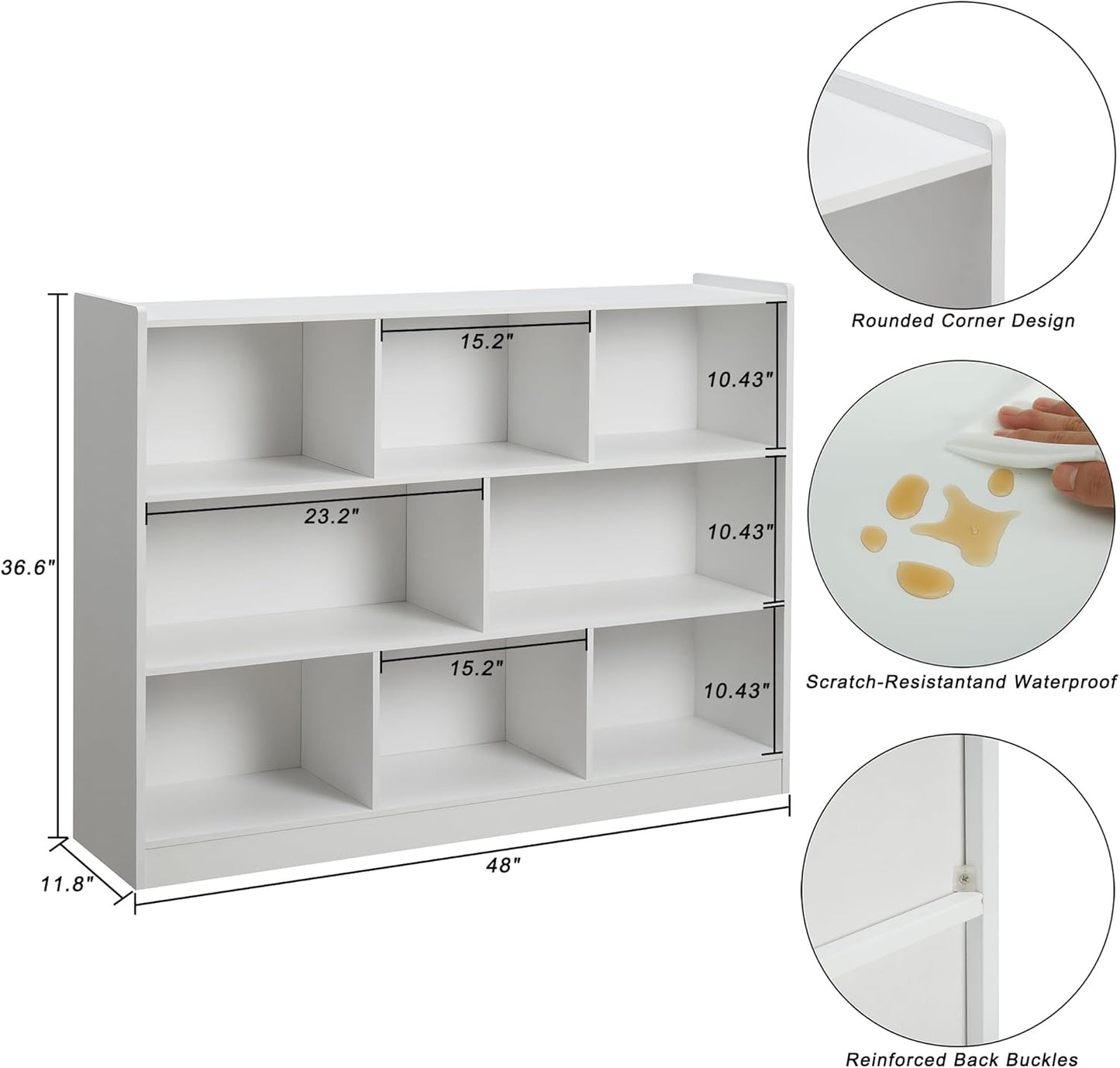 3-Tier Bookshelf, 8-Section Wooden Bookcase, Storage Organizer with Anti-Tilt Device, Modern Storage Display Cabinet for Living Room, Classroom, Kid’s Room (White)