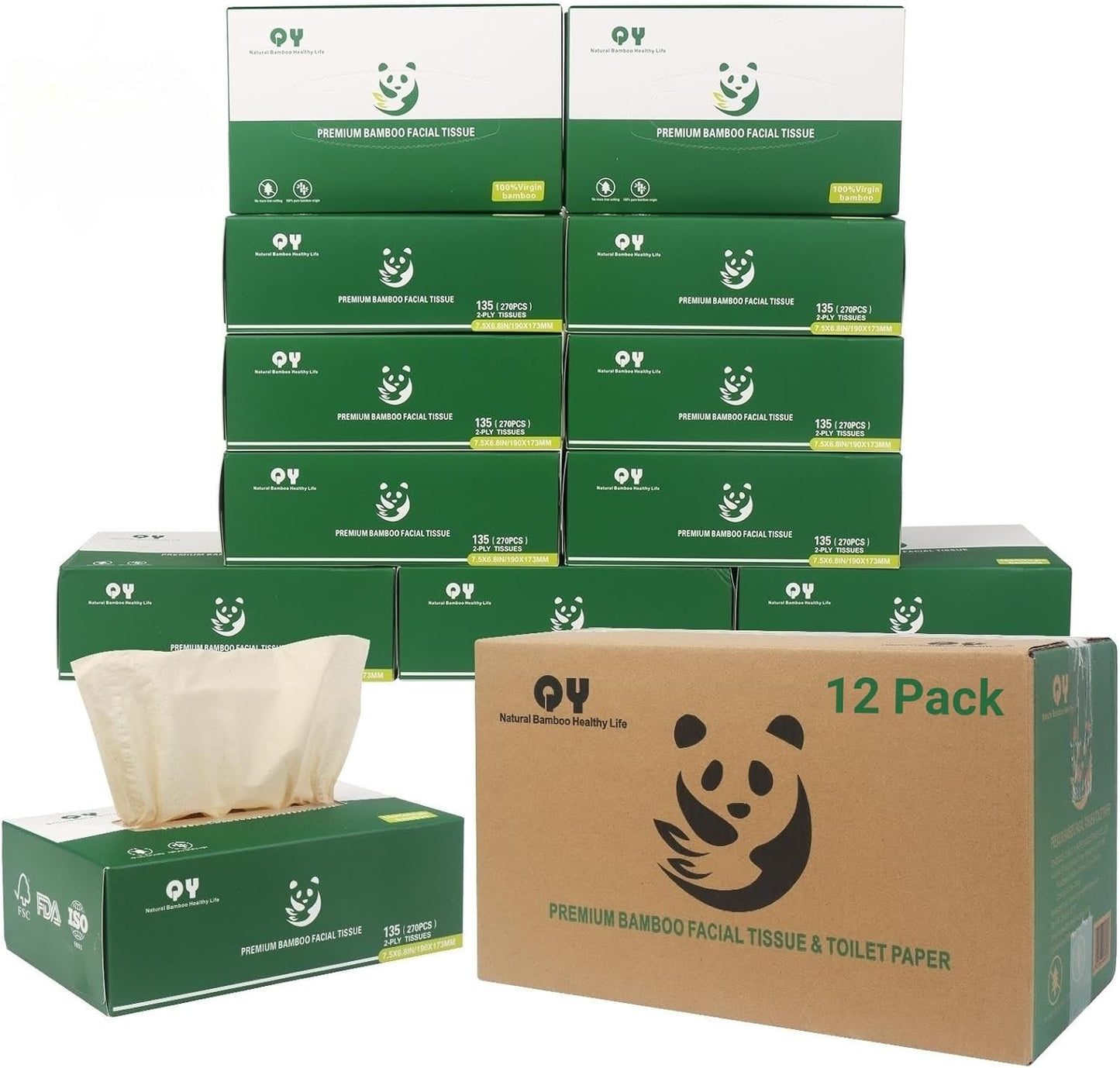 Unbleached Bamboo Facial Tissues - 12 Boxes of 100% Natural, Hypoallergenic, 134 Sheets per Box, FSC Certified, Eco - Friendly, Ultra - Soft & Gentle for Everyday Home and Office Use