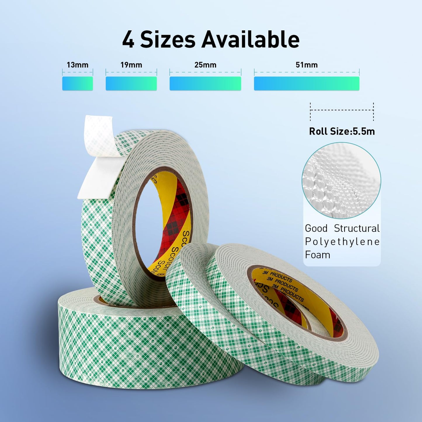 Double Sided Tape Foam Tape 1/2" x 18Ft Made of 3M High Shear Adhesive Mounting Tape with High Temperature Resistance for Interior Exterior Mounting Applications and Home Office Deco (Pack of 2)