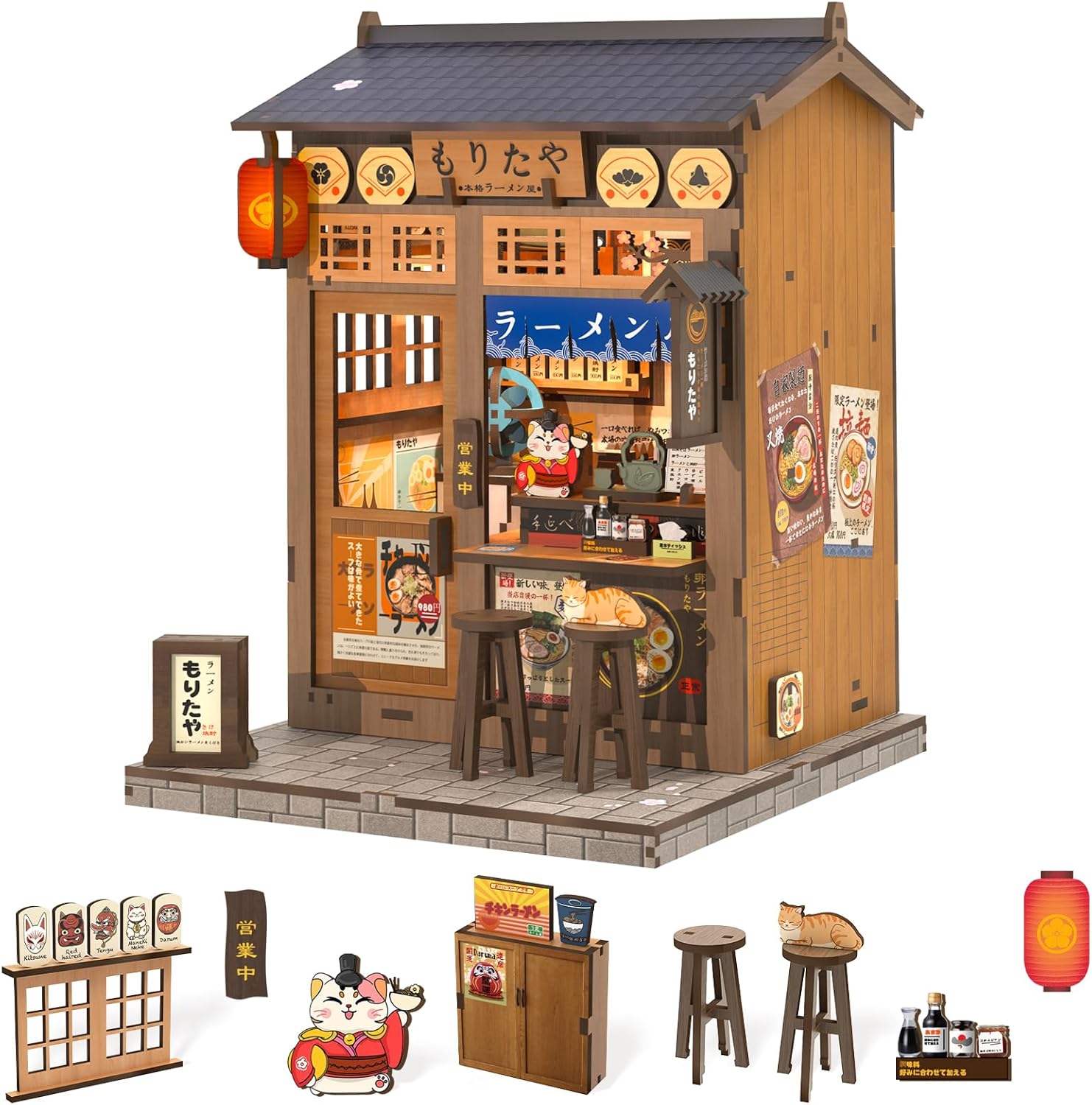 Fsolis Japanese Book Nook Kit - DIY Miniature Scene House Kit, 3D Puzzles for Adults, 220 Wooden Pieces, Tiny House Mini Booknook Craft Shelf Decor, Gifts for Women Model Lovers (Morita-Ya Ramen)