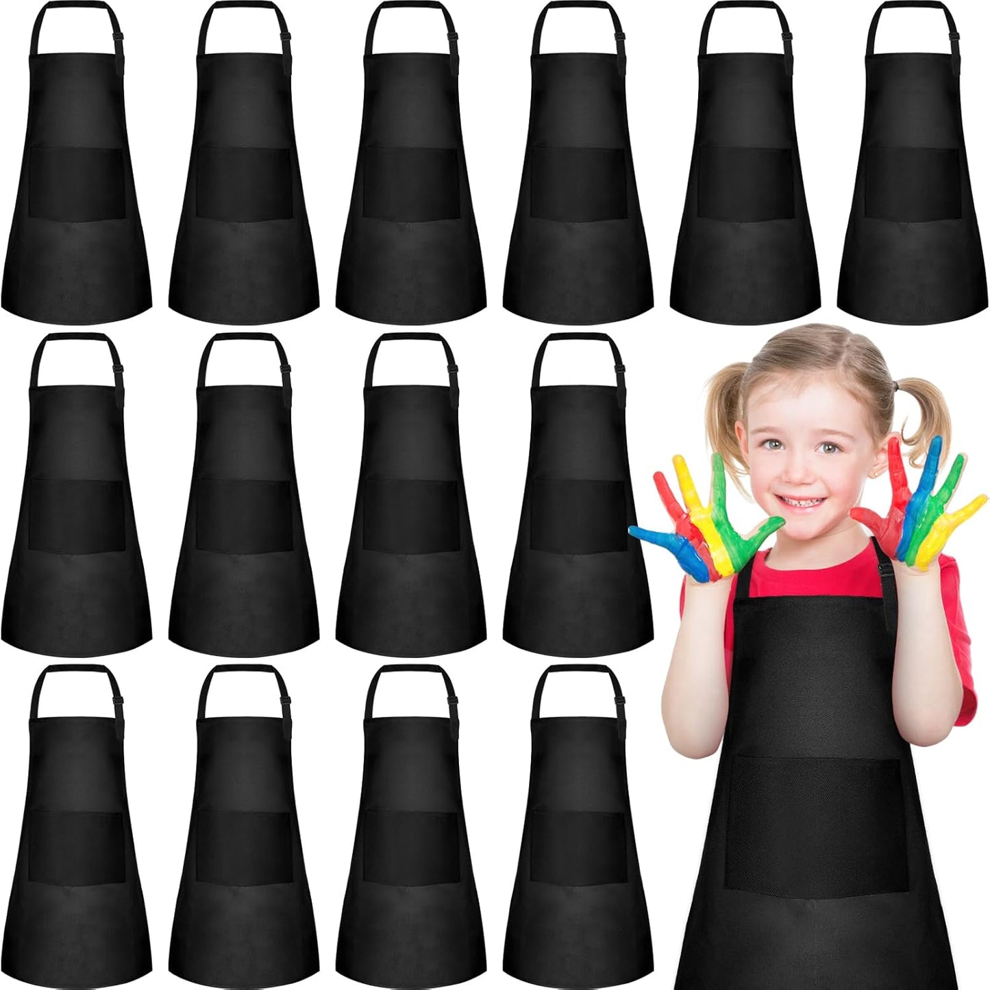 PLULON 4 Pcs Kids Apron with Pocket Adjustable Kids Chef Apron Set for Painting Cooking Baking Grilling Crafting (Black)