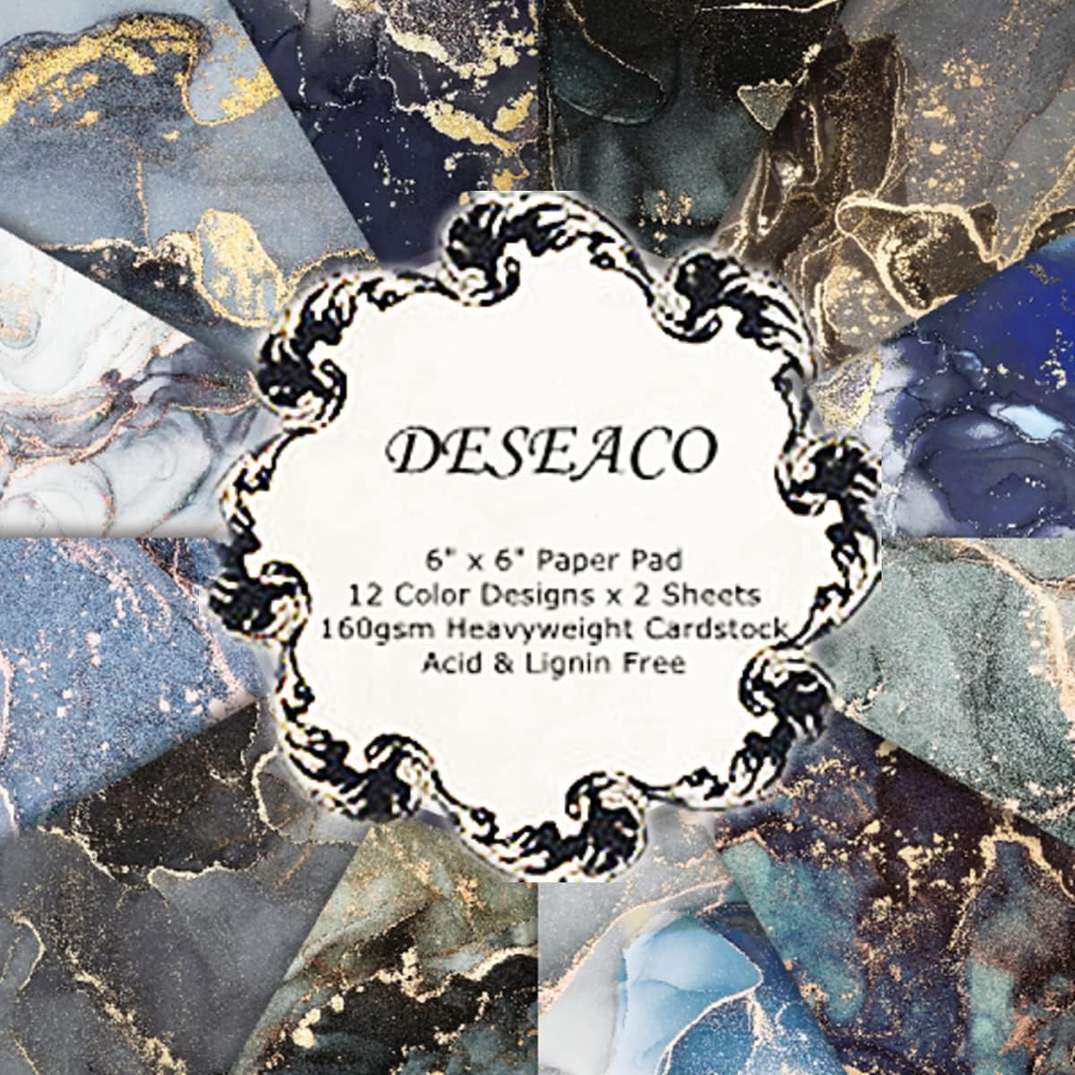 Colored Marble Scrapbook Paper Pad 6x6 – Black Blue Purple Gold Patterned Paper Scrapbooking CardStock, Decorative Craft Origami Paper Junk Journal, Single-Sided Decopodge Paper Supplies-24Pcs