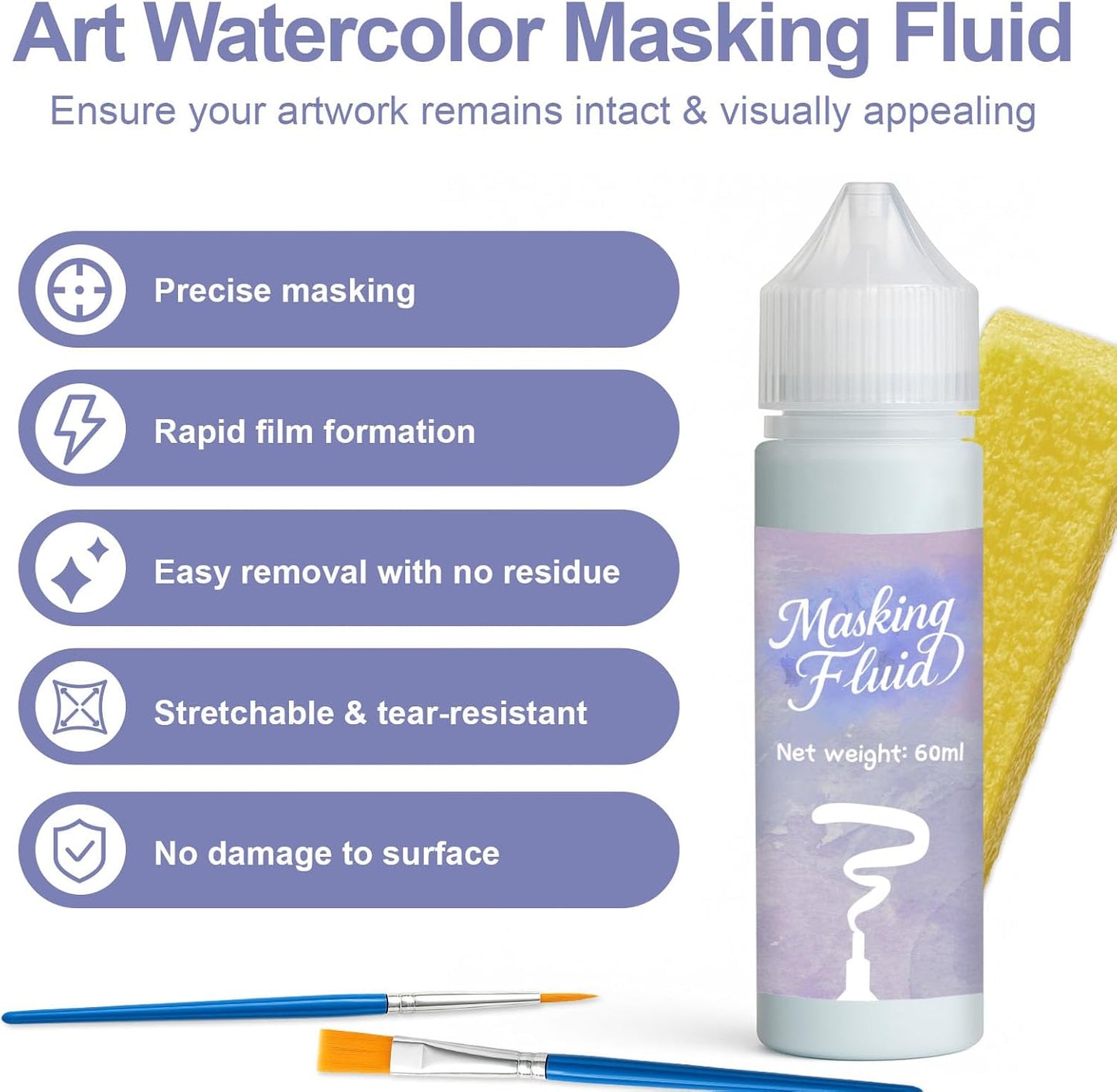 1DFAUL 60ml Masking Fluid for Watercolor Painting, Art Watercolor Masking Fluid Precise White Space, Easy Peel-Off, Water Based Latex, for Artists, Beginners, DIY Canvas Protection (Blue)
