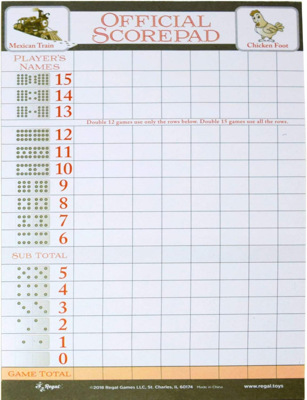 Regal Games Mexican Train Score Pads & Chicken Foot Dominoes Game for Adults - Ideal for Family Fun Game Night and Travel - 100 Sheets (8.25" x 5.5")