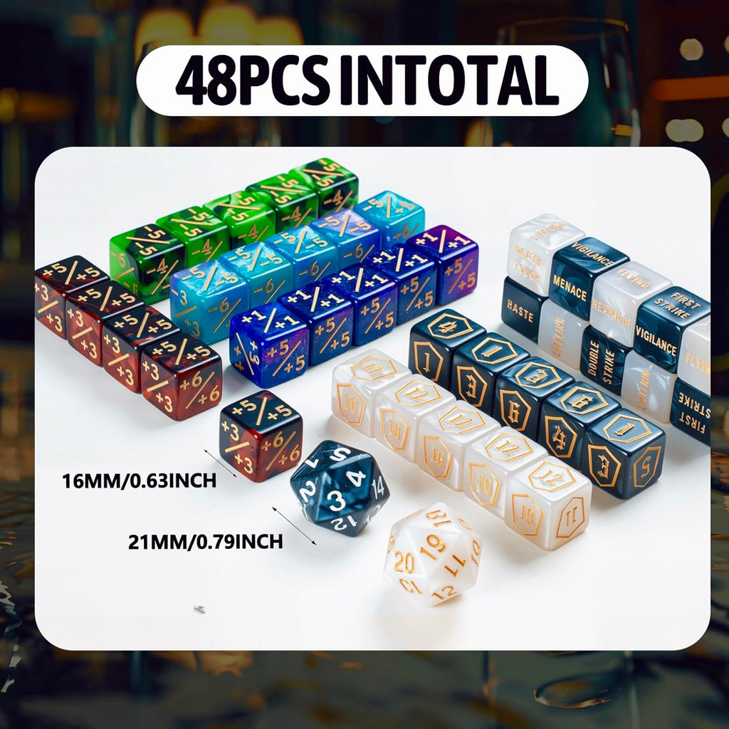 62 PCS MTG Dice Counters Set Keyword Tokens Abilities Life Counter 1/+1 counters Commander Buff Tokens Gold 6 Sided Dice Set for MTG, TCG, Card Games