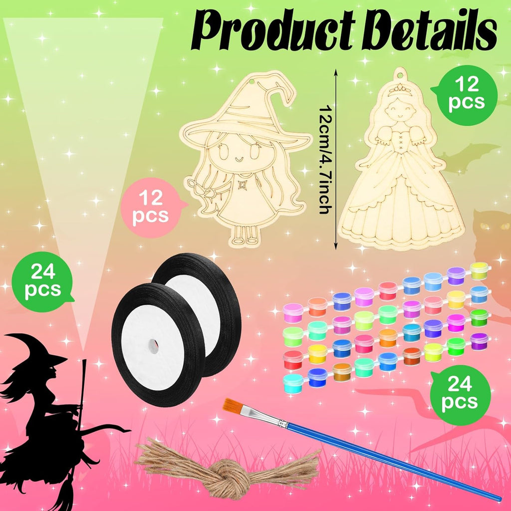 VioraWhite 24 Set Paint Your Own Witch Princess Party Favors Pink and Green Party Supplies Witch Hats Princess Crowns DIY Wood Painting Craft Kit Color Your Own Arts Crafts Kit for Birthday Gift