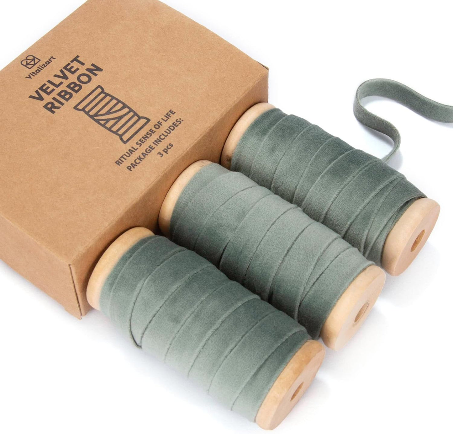 Vitalizart Dusty Green Velvet Ribbon Set 3/8" x 15 Yd Wooden Spool Fabric Trim 3 Rolls * 5 Yd for Christmas Wreath Decoration Handmade Craft Ornaments Gift Wrapping & Bow Making