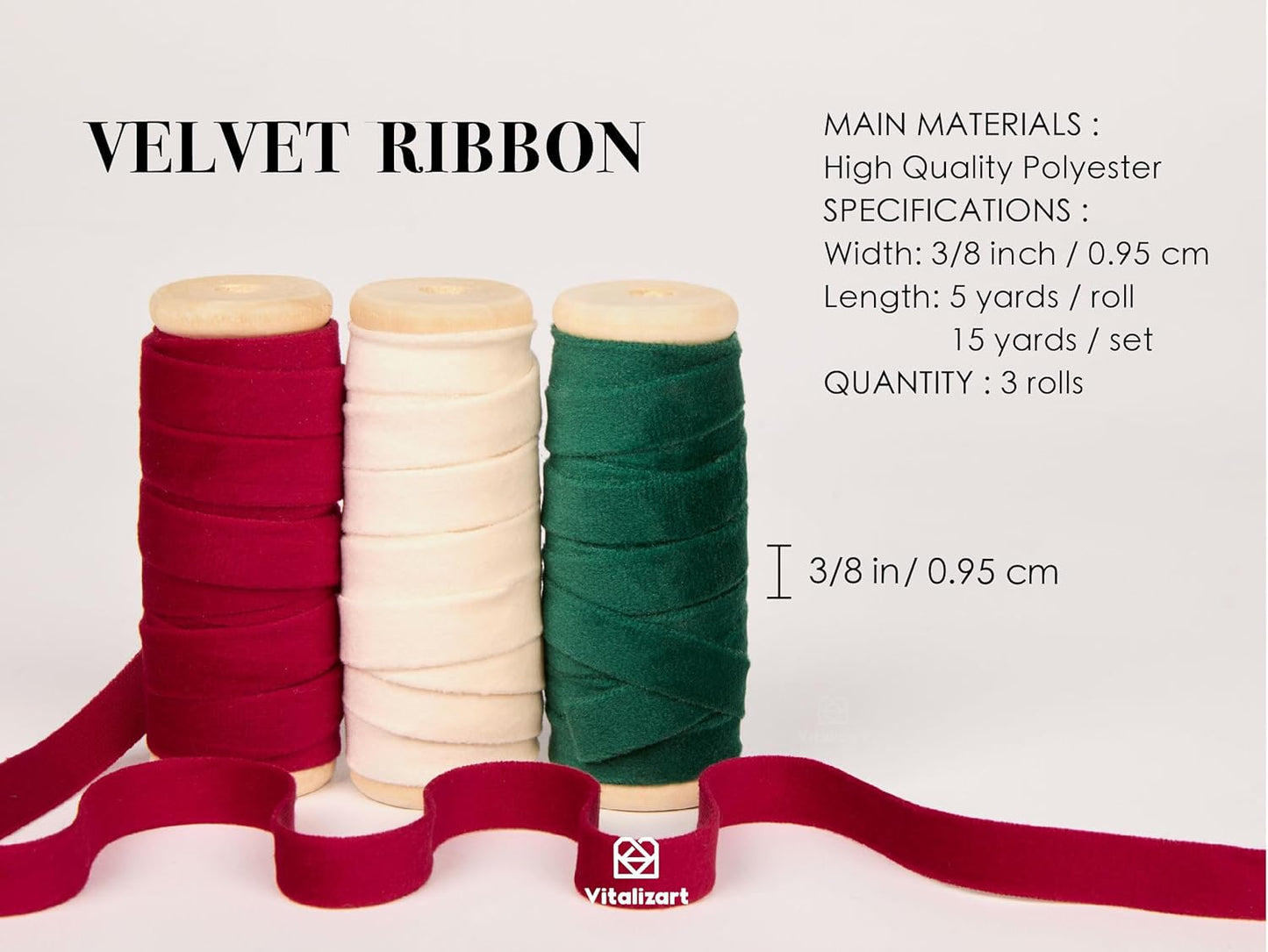 Vitalizart Christmas Velvet Ribbon 3/8" x 15 Yd Wooden Spool Fabric Trim 3 Rolls * 5 Yd for Christmas Wreath Decoration Handmade Craft Ornaments Gift Wrapping & Bow Making