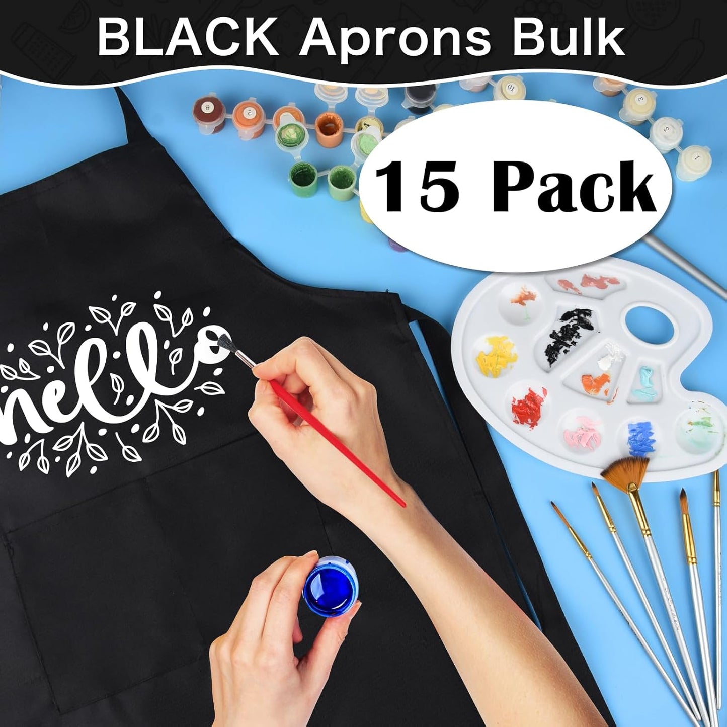 PLULON 6 Pcs Kids Apron with Pocket Adjustable Kids Chef Apron Set for Painting Cooking Baking Grilling Crafting (Black)