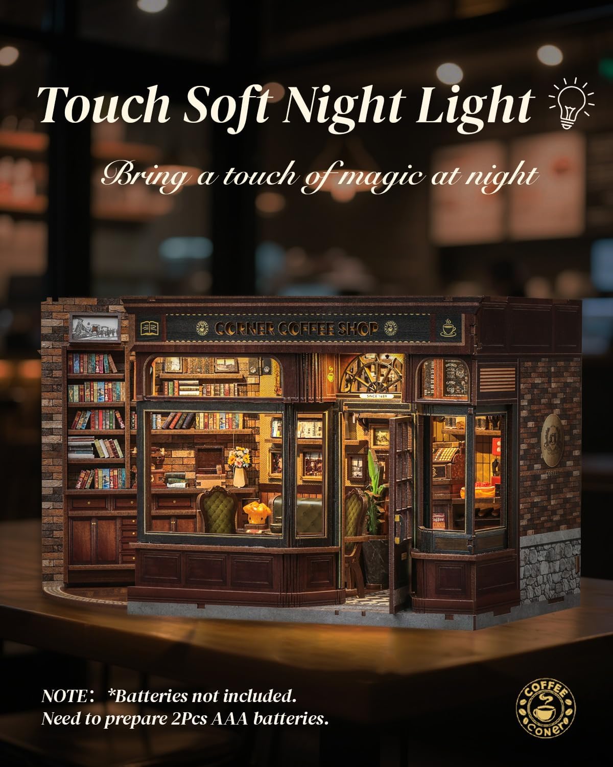 Cutefun Book Nook Kit - DIY Miniature Doll House Kit, Book Nook Kits for Adults, 3D Wooden Puzzle Bookend Bookshelf with LED Light for Cafe Crafts Lovers (Corner Coffee Shop)