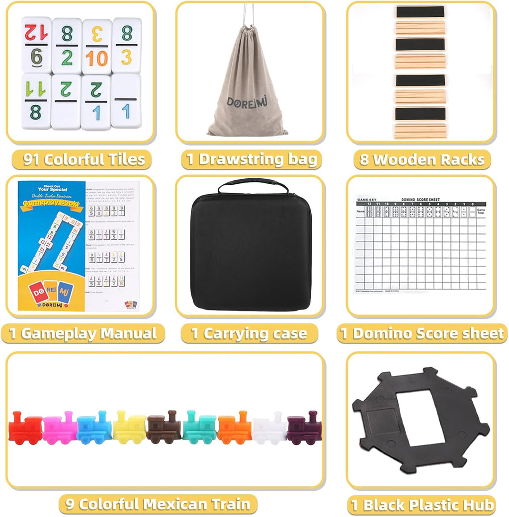 Mexican Train Dominoes Set Numbers and 8 Wooden Holders, Double 12 Travel Domino Train Game with 91 Colored Tiles and Protable Case, Number Domino Set for Kids, Adults Family Board Team Games