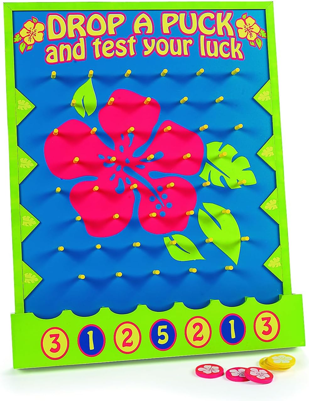 Fun Express 16" x 20" Tropical Luau Multicolor Wood Tabletop Disc Drop Game - 8 Pieces in Set - Great for Vacation Bible School, Birthday Parties and Luaus